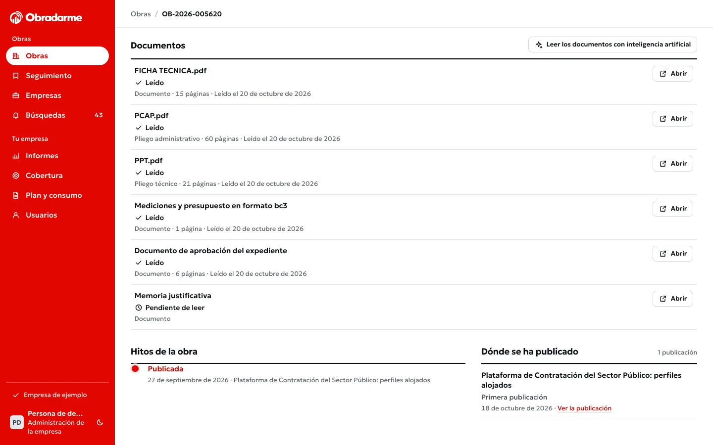 Los documentos de una obra en el portal: la ficha técnica, los pliegos y las mediciones, cada uno con su tipo, sus páginas, el día en que se leyó y el botón para abrir el original.