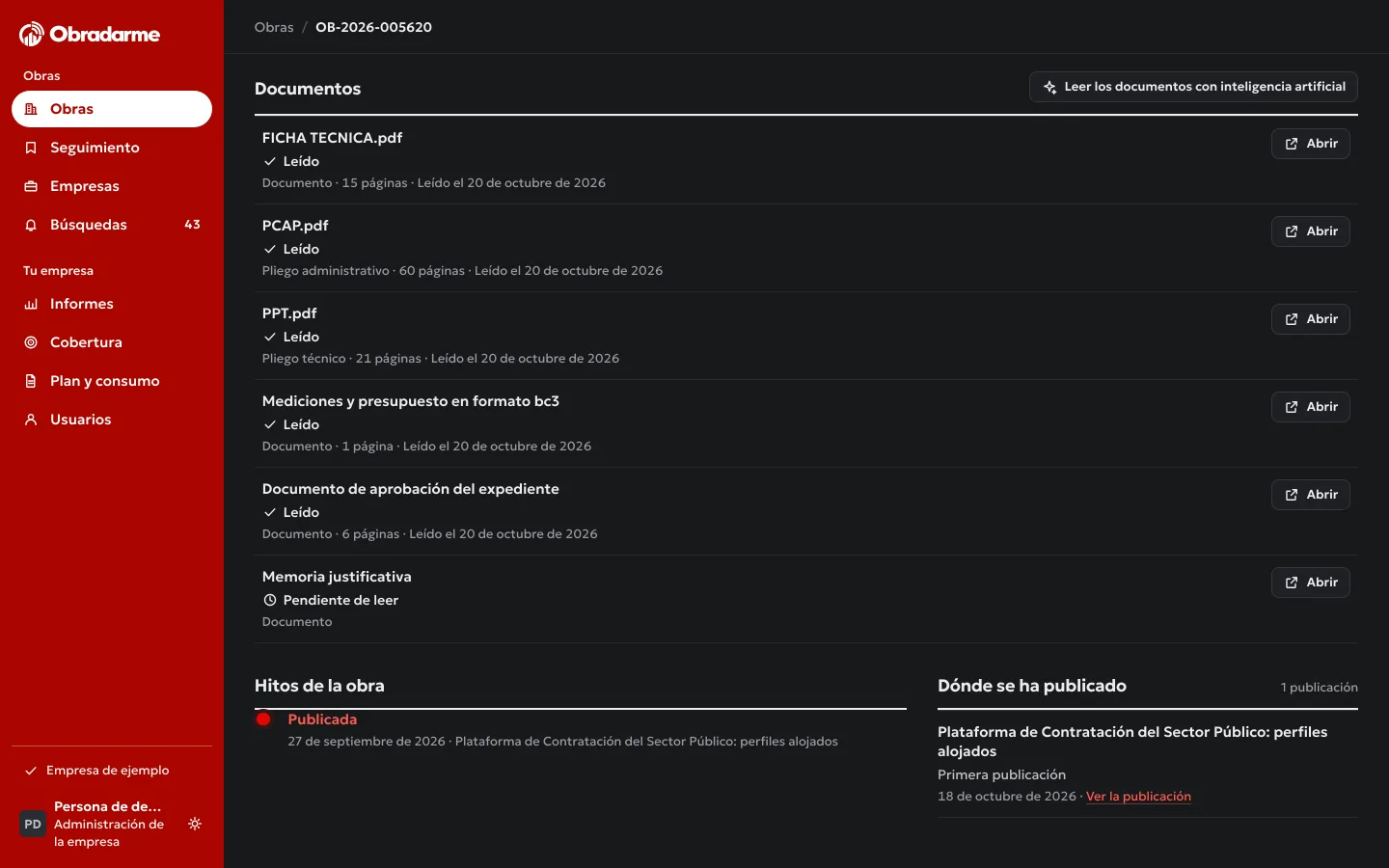 Los documentos de una obra en el portal: la ficha técnica, los pliegos y las mediciones, cada uno con su tipo, sus páginas, el día en que se leyó y el botón para abrir el original.