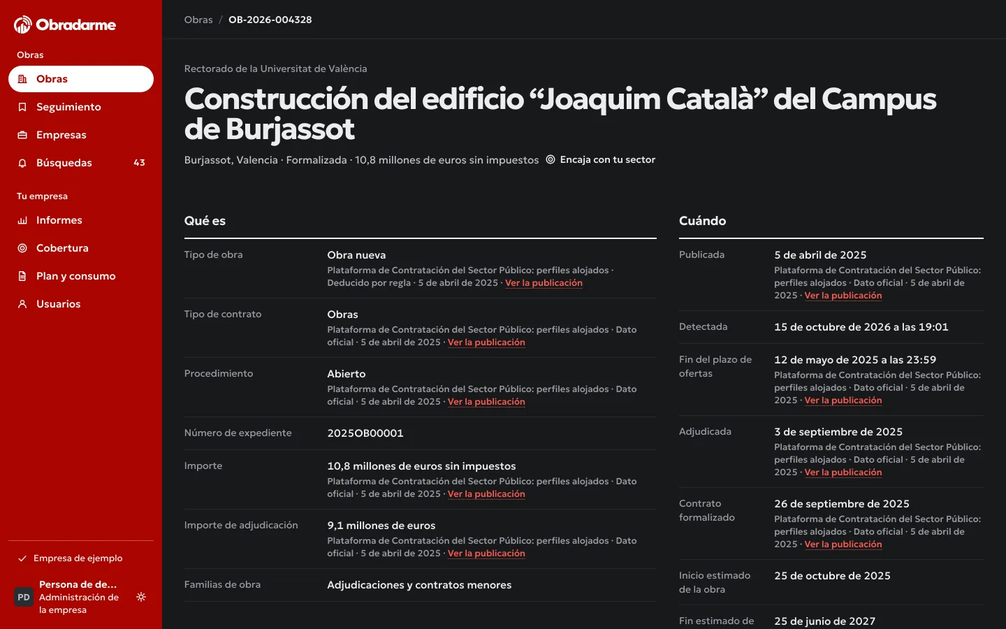 La ficha de una obra en el portal, la construcción de un edificio del campus de Burjassot: debajo de cada dato van su fuente, cómo se obtuvo, su fecha y el enlace a la publicación.