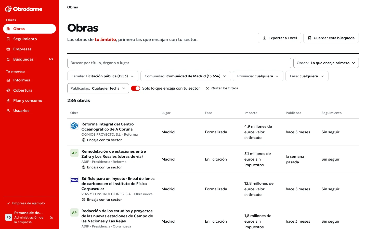 La lista de obras del portal con sus filtros puestos: licitaciones públicas en la Comunidad de Madrid y solo lo que encaja con tus productos. Cada obra lleva su organismo, su lugar, su fase, su importe y cuándo se publicó.