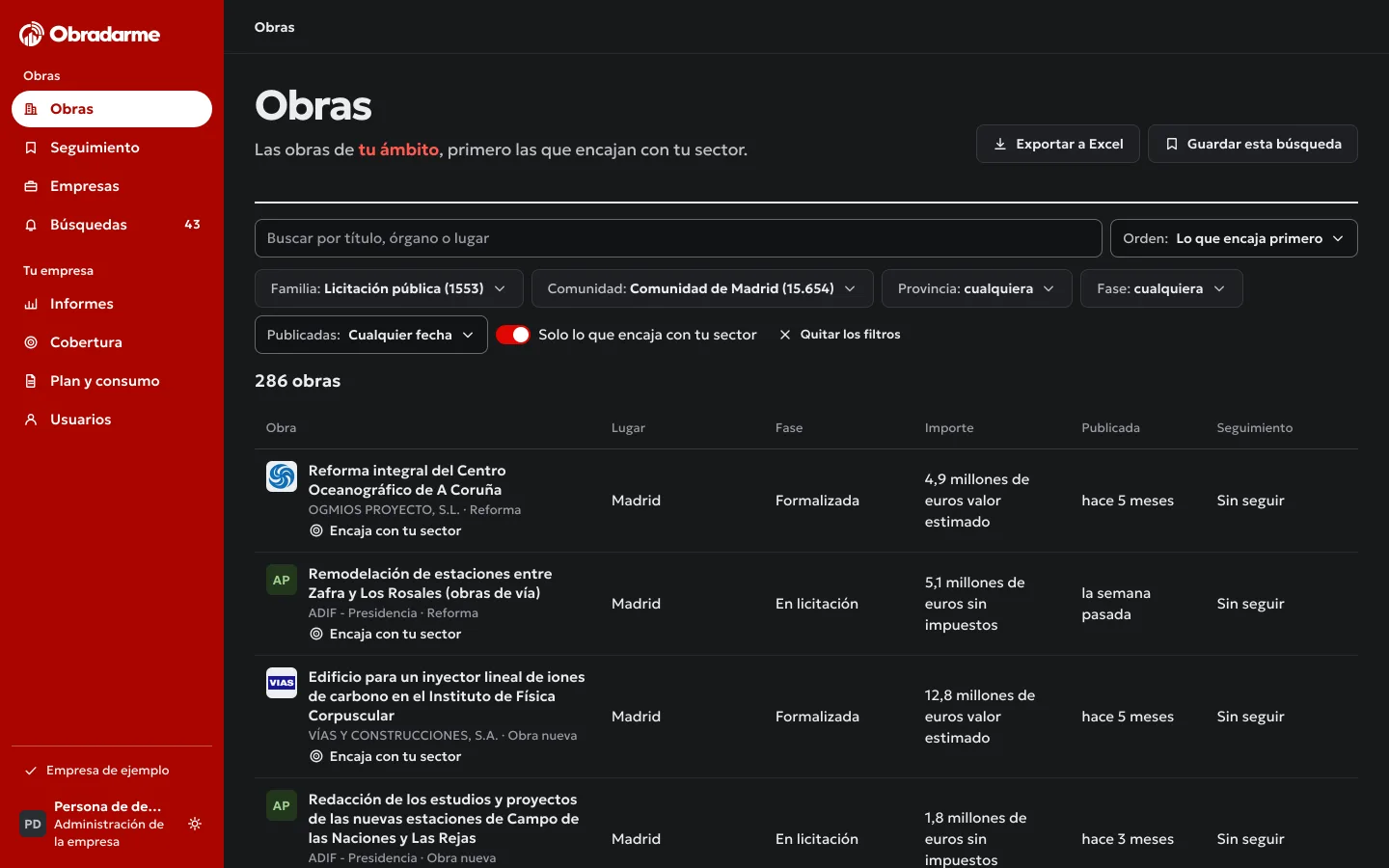 La lista de obras del portal con sus filtros puestos: licitaciones públicas en la Comunidad de Madrid y solo lo que encaja con tus productos. Cada obra lleva su organismo, su lugar, su fase, su importe y cuándo se publicó.